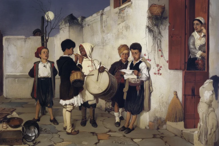 Old painting showing traditional Greek Kalanta in the old times.