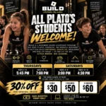 Promotional flyer for the BUILD Youth Program at the Greek School of Plato in Brooklyn, featuring class schedules for Thursdays and Saturdays, core benefits, and discount pricing.