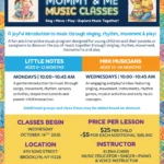 Flyer for Mommy & Me Music Classes at The Greek School of Plato in Brooklyn, featuring class schedules for Little Notes and Mini Musicians starting October 14, 2026